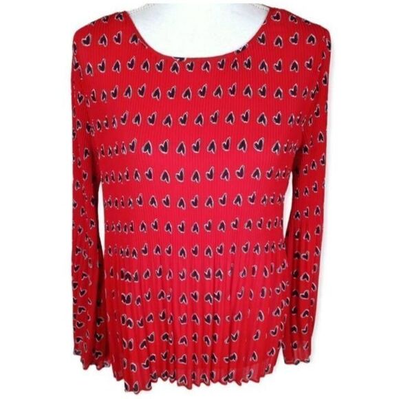 ROSE & OLIVE RED & BLACK HEART PRINTED FLARE SLEEVE BLOUSE SZ.L EUC. - Picture 1 of 5
